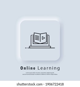 Educación a distancia, icono de libros electrónicos. Banner de educación en línea o examen a distancia. Curso e-learning desde casa, estudio en línea. Vector. icono de la interfaz de usuario. Botón web de interfaz de usuario blanco UX de interfaz de usuario neumórfica. Neumorfismo