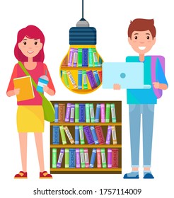 Distant education, home learning, students and book library vector. Books or textbooks, knowledge and studying subjects, laptop. Pupils or students with backpacks, online classes and homework