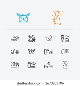 Distant education icons set. Eraser and distant education icons with self study, astrophysics and best student. Set of structure for web app logo UI design.