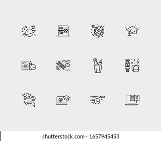 Symbole für Fernunterricht eingestellt. Geografische und entfernte Bildungssymbole mit Fernlehre, Lernunterstützung und Graduiertenhut. Set von Modell für Web-App Logo UI-Design.