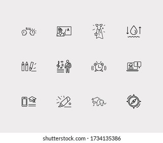 Distant education icons set. Hydrology and distant education icons with mobile learning, teacher woman and prom dress. Set of drawing for web app logo UI design.