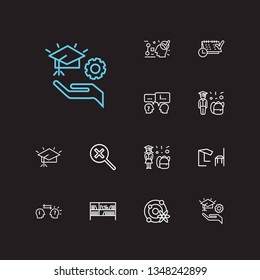 Distant education icons set. Logics and distant education icons with timetable, desk and school girl. Set of childhood for web app logo UI design.