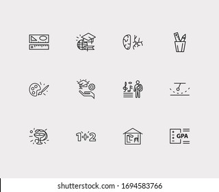 Distant education icons set. Medicine and distant education icons with learning support, brush with palette and music class. Set of healthcare for web app logo UI design.