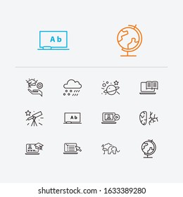 Distant education icons set. Meteorology and distant education icons with globe, telescope and online reading. Set of model for web app logo UI design.