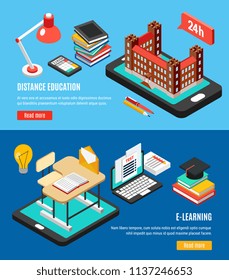 Distant education isometric horizontal banners set with devices and objects for e-learning 3d isolated vector illustration