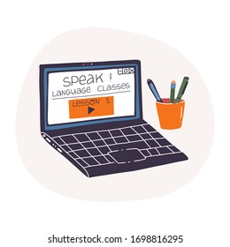 Distant education, language learning online from home, self-isolation and quarantine pastime concept. Vector illustration of laptop with language learning page website.