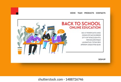 Distant education, online courses, e-learning and tutorials landing web page vector. Back to school Internet site, pupils or students at desk writing test. Training and learning mobile website