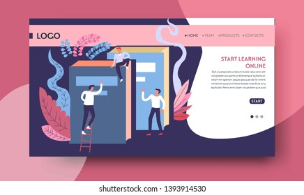 Distant education start learning online web page template vector books and textbook Internet site graduation and certificate receiving knowledge studying subjects or personal development courses