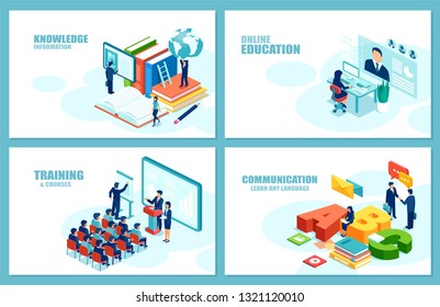 Distant education, training, language courses concept. Modern vector for website development. Set of web page templates 