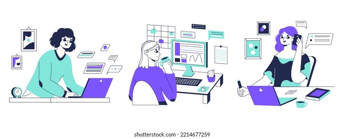 Distant freelancers, freelance creative workers. Remote office workers during workflow, freelancers work with computer vector symbols illustrations. Linear busy freelance characters