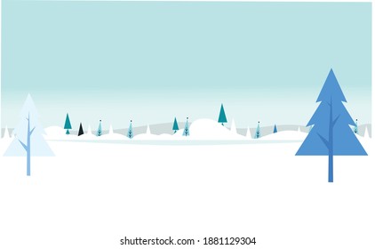 A distant horizon and oak trees illustrating winters in snow areas, with snow fall and beautiful blue sky.