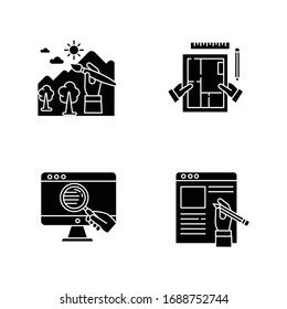 Distant jobs black glyph icons set on white space. Freelance illustrator, copywriter and interior designer. Web research, designing, article writing. Silhouette symbols. Vector isolated illustration