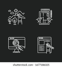 Distant jobs chalk white icons set on black background. Freelance illustrator, copywriter and interior designer. Web research, designing, article writing. Isolated vector chalkboard illustrations