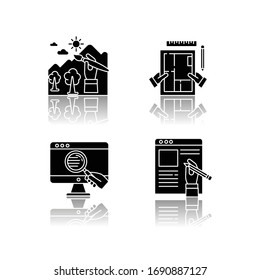Los trabajos distantes eliminan el conjunto de iconos de glifos negros en la sombra. Ilustrador independiente, redactor de copias y diseñador de interiores. Investigación web, diseño, escritura de artículos. Ilustraciones vectoriales aisladas en el espacio blanco