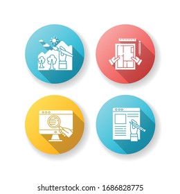 Distant jobs flat design long shadow glyph icons set. Freelance illustrator, copywriter and interior designer. Web research, designing, article writing. Silhouette RGB color illustration