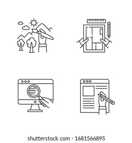 Distant jobs pixel perfect linear icons set. Web research, art and apartment designing, article writing. Customizable thin line contour symbols. Isolated vector outline illustrations. Editable stroke