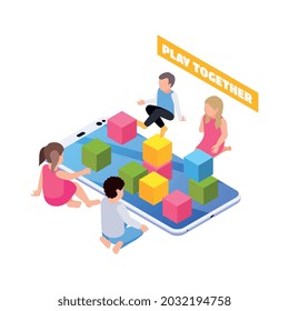 Distant kindergarten isometric icon with smartphone and children playing with blocks vector illustration