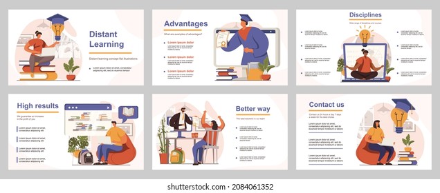 Distant learning concept for presentation slide template. People studying online, students watch webinars and video lessons, take courses. Vector illustration with flat persons for layout design