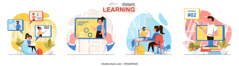 Distant learning concept scenes set. Pupils and students watch lessons online, digital study at school or university. Collection of people activities. Vector illustration of characters in flat design