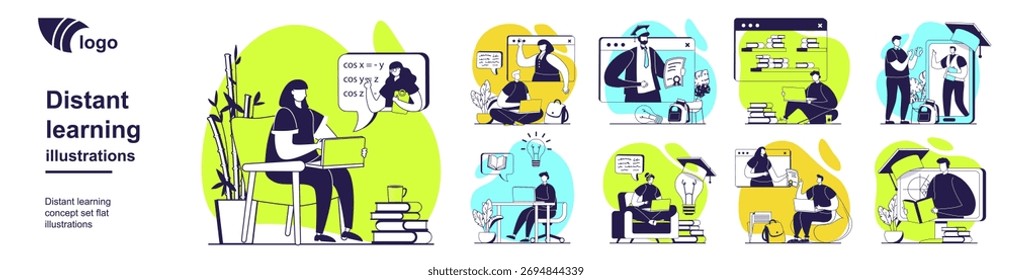 Conceito de aprendizagem à distância definido para design da Web. Coleção com pessoas que estudam on-line a partir de laptops, estudantes que assistem a webinars e aulas de vídeo, treinamento em cursos virtuais. Ilustração vetorial.