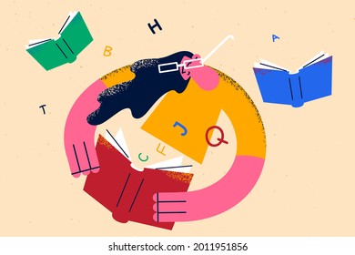 Distant learning and education concept. Woman in glasses cartoon character sitting and reading books studying learning and self educating vector illustration