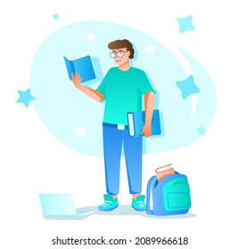 Distant learning flat character concept for web design. Man reads textbooks and studies from home, online courses, modern people scene. Vector illustration for social media promotional materials.