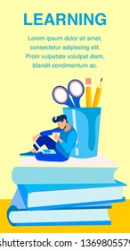 Distant Learning Flyer, Brochure Vector Template. Young Student Working with Laptop Cartoon Character. Internet University Web Banner. Online Education Flat Illustration with Text Space