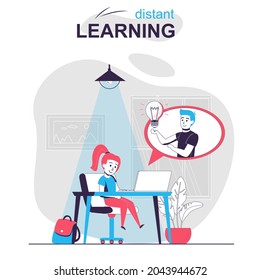 Distant learning isolated cartoon concept. Student studies at home using using video lessons people scene in flat design. Vector illustration for blogging, website, mobile app, promotional materials.