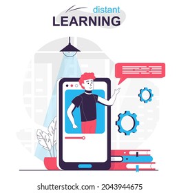 Distant learning isolated cartoon concept. Online education in mobile app, studying at home people scene in flat design. Vector illustration for blogging, website, mobile app, promotional materials.