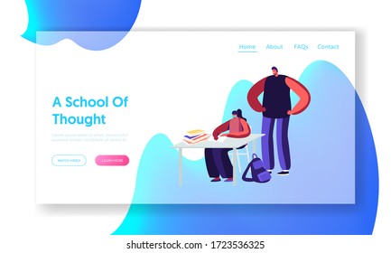 Distant Learning Landing Page Template. Schoolgirl Character in Medical Mask at Covid19 Quarantine Self Isolation Writing Lesson in Notebook with Father Controlling. Cartoon People Vector Illustration