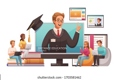 Distant learning online education lessons advertising cartoon composition with popping out screen tutor graduation cap vector illustration 