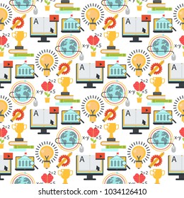 Distant learning seamless pattern background online education video tutorials staff training store learning research knowledge vector illustration.