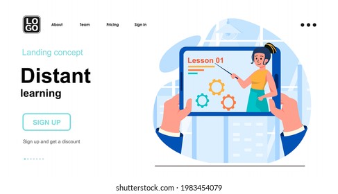 Distant learning web concept. E-learning and online education, watching training videos lessons. Template of people scenes. Vector illustration with character activities in flat design for website