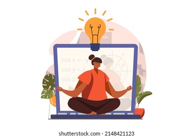 Distant learning web concept in flat design. Woman thinking, concentrating, gaining knowledge, generating ideas, brainstorming. Online education and e-learning. Vector illustration with people scene