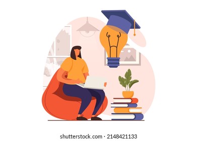 Distant learning web concept in flat design. Woman student studying and doing homework on laptop, training, reading textbooks. Online education and e-learning. Vector illustration with people scene