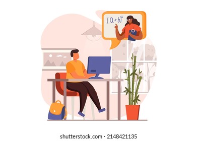 Distant learning web concept in flat design. Boy studies on computer, listens to teacher at lesson, watches video lectures. Online education and e-learning. Vector illustration with people scene
