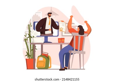 Distant learning web concept in flat design. Woman graduates from university and receiving diploma certificate from teacher. Online education and e-learning. Vector illustration with people scene