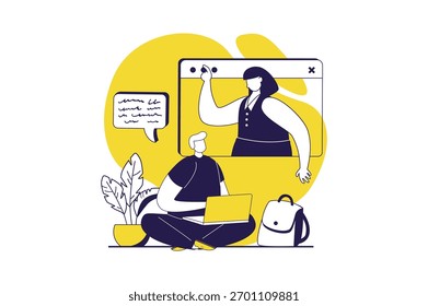 Conceito web de aprendizagem à distância com pessoas planas para design de site. Menino adolescente estudando on-line a partir de laptop com aula de vídeo do professor, estudante assistindo webinar na aula virtual. Ilustração vetorial.