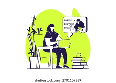 Conceito web de aprendizagem à distância com pessoas planas para design de site. Mulher estudando on-line a partir de laptop com professor, estudante assistindo webinars e aulas de vídeo em cursos virtuais. Ilustração vetorial.