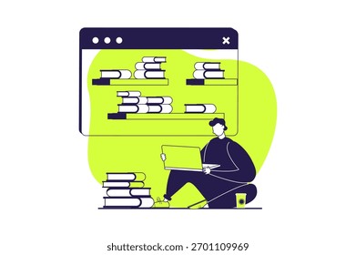 Distant learning web concept with flat people for website design. Student reading books from laptop, studying with digital textbooks, working in library with online information. Vector illustration.