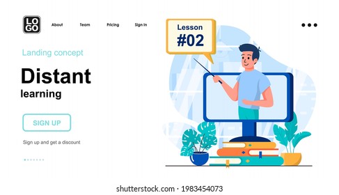 Distant learning web concept. Online education and homeschooling, watch training tutorial at home. Template of people scenes. Vector illustration with character activities in flat design for website
