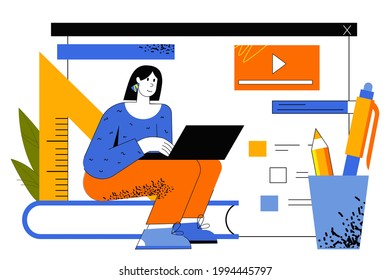Distant learning web concept. Student watches video lectures, studies remotely using laptop. Woman learning courses and trainings at home. Vector illustration for web page template in flat line design