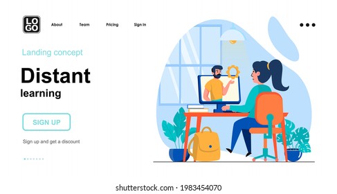 Distant learning web concept. Woman watching training video tutorial on computer, homeschooling. Template of people scenes. Vector illustration with character activities in flat design for website