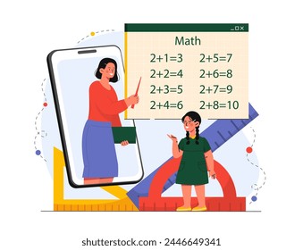 Distant math lesson concept. Woman and girl with colorful rulers and mathematical equations. Remote courses on internet. Education, learning and training. Cartoon flat vector illustration