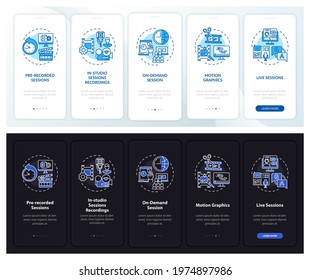 Distant meeting content onboarding mobile app page screen with concepts. Live session walkthrough 5 steps graphic instructions. UI, UX, GUI vector template with linear night and day mode illustrations