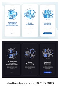Distant meetings onboarding mobile app page screen with concepts. Networking events walkthrough 3 steps graphic instructions. UI, UX, GUI vector template with linear night and day mode illustrations