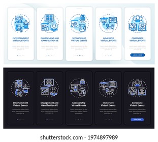 Distant meetings types onboarding mobile app page screen with concepts. Engagement walkthrough 5 steps graphic instructions. UI, UX, GUI vector template with linear night and day mode illustrations