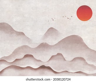 Distant misty mountains, flock of birds and big red sun. Traditional oriental ink painting sumi-e, u-sin, go-hua.