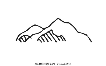 Distant mountain cliff. In the style of contour engraving. Sketch sketch. Hand drawing isolated on white background. Vector.