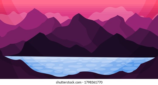 Distant Mountain Peaks and Lake Horizontal Landscape Vector Illustration